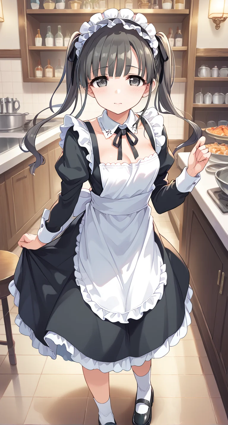 score_9,score_8_up,score_7_up,
official art,official style,game cg,megami magazine,
uncensored,
1girl,
kbykwse miyabinigohoushi,kobayakawa sae,black eyes,black hair,
dress,long hair,alternate costume,apron,black dress,black footwear,black ribbon,
blush,collarbone,detached collar,enmaided,frilled hairband,frills,hairband,
long sleeves,maid,neck ribbon,ribbon,sidelocks,twintails,white apron,
<lora:idolmaster_kobayakawa_sae_pony_v1:1>,
