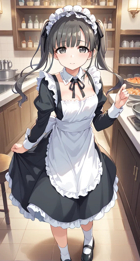 score_9,score_8_up,score_7_up,
official art,official style,game cg,megami magazine,
uncensored,
1girl,
kbykwse miyabinigohoushi,kobayakawa sae,black eyes,black hair,
dress,long hair,alternate costume,apron,black dress,black footwear,black ribbon,
blush,collarbone,detached collar,enmaided,frilled hairband,frills,hairband,
long sleeves,maid,neck ribbon,ribbon,sidelocks,twintails,white apron,
<lora:idolmaster_kobayakawa_sae_pony_v1:1>,