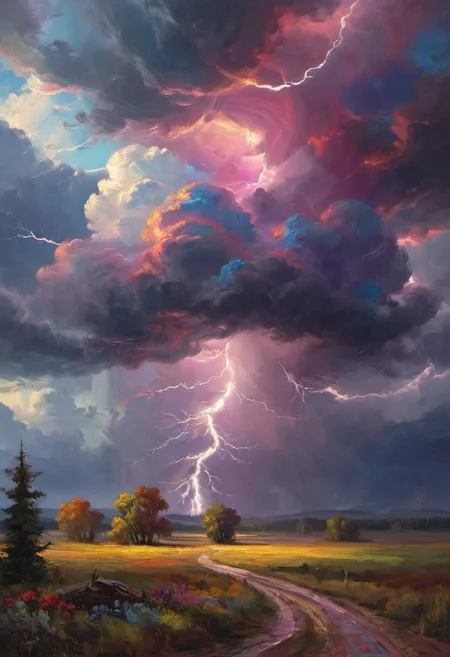 digital art piece that appears to be a stormy sky with vibrant colors. The sky is filled with dark clouds and lightning bolts, creating a dramatic and ominous atmosphere. In the center of the image, there is a large, swirling cloud that is made up of multiple colors, including red, orange, yellow, green, blue, purple, and pink. The colors are arranged in a way that creates a sense of depth and dimension, with the colors blending together to create a rainbow-like effect. The cloud is curving upwards, with a white trail of smoke trailing behind it. The overall effect is one of power and destruction