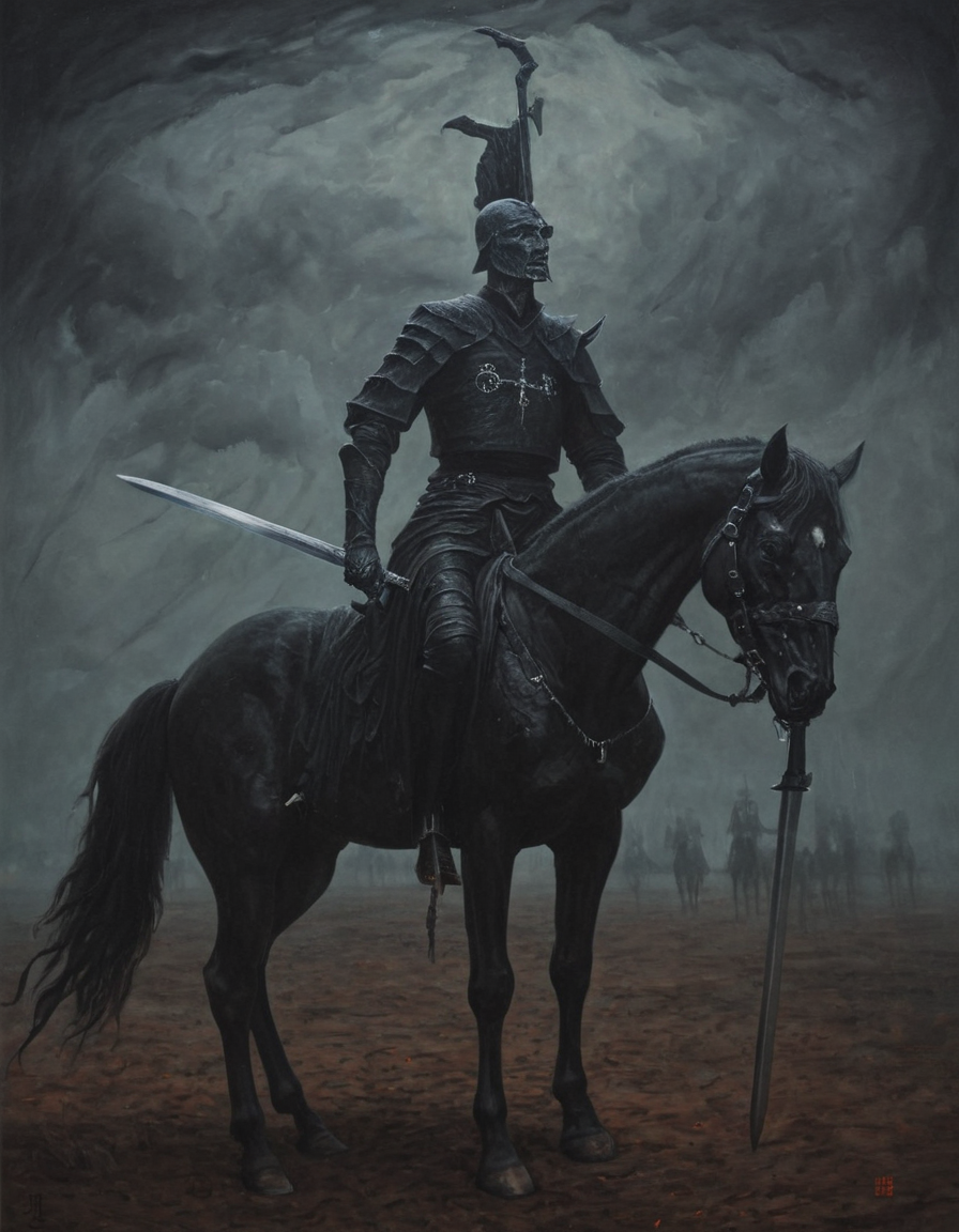 wynbrlwsty, A surreal, dark fantasy painting of a man on a horse with a sword