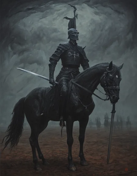 wynbrlwsty, A surreal, dark fantasy painting of a man on a horse with a sword