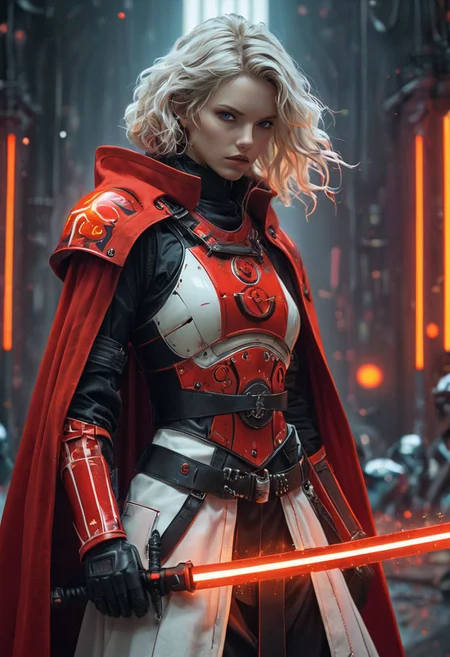 bdsm, collar cyberpunk Samurai jacket, (female, red pink slim skin:1.4), Large linen cape, (nice face, very angry:1.1), (bdsm harness, tight huge massive firm breasts:1.5), surrounded by a detailed spacescape with translucent dark-amber Highlights, (red neon, emissive), (yellow particules, hyper-detailed,:1.1) sharp, high resolution, high quality, 32K, Ultra realistic, HD, super detailed, line art, abstract style, (full body, shinny, wavy hair:1.5), (star wars inquisitor:1.5), (circle hard powerful red white orange fire neon light saber:1.8), (well formed five fingers hands on light saber:1.2)