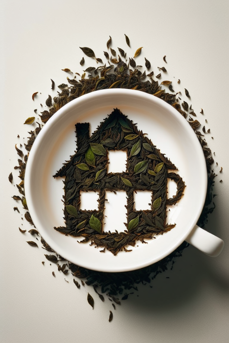 tea leaves forming the shape of a house on the bottom of an empty tea cup <lora:Tea_Leaf_Reading_Style:1>