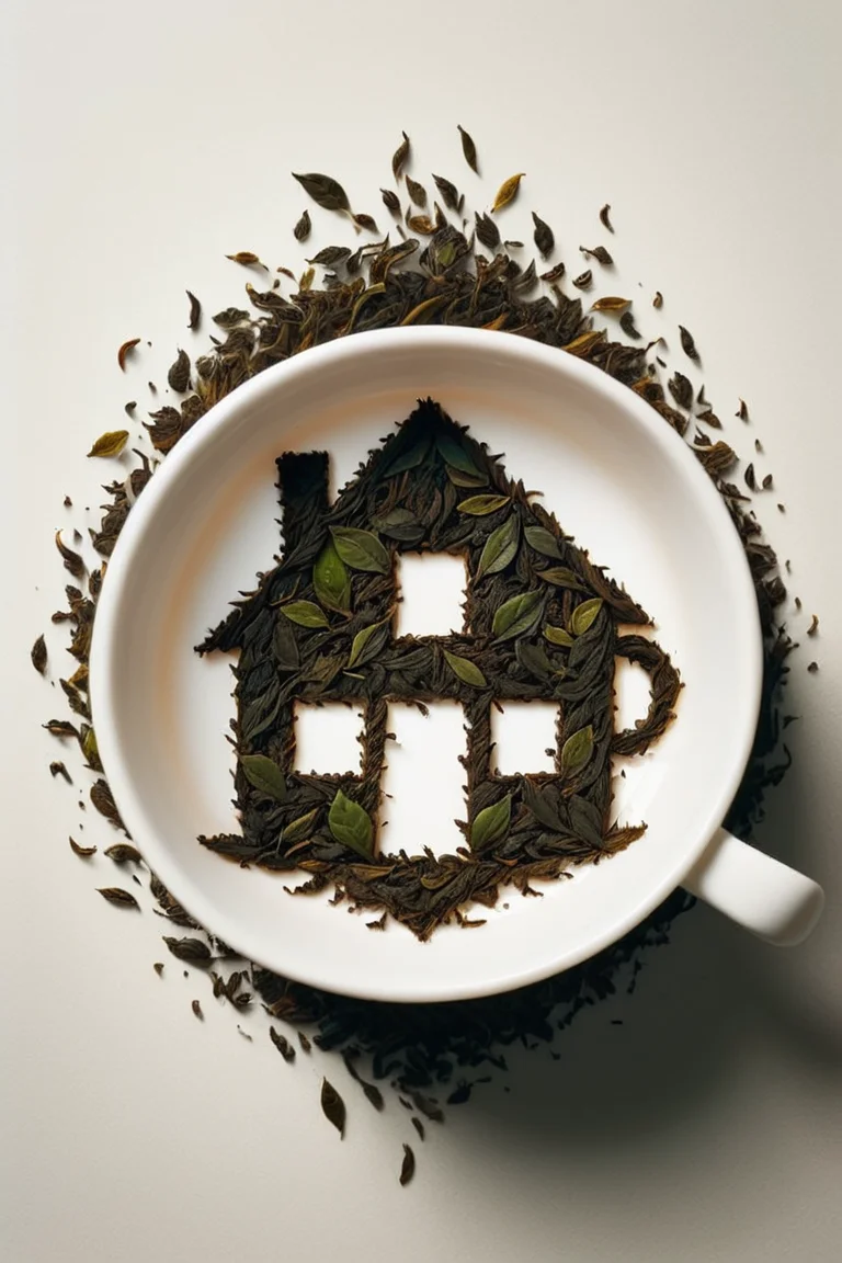 tea leaves forming the shape of a house on the bottom of an empty tea cup <lora:Tea_Leaf_Reading_Style:1>