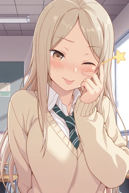 masterpiece, best quality, amazing quality,
 <lora:Kotone_IL:1> kotone, 1girl, one eye closed, solo, tongue out, tongue, long hair, star (symbol), blush, brown eyes, school uniform, necktie, shirt, white shirt, indoors, sweater