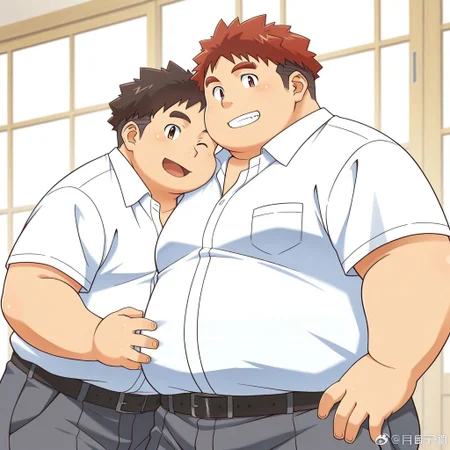 male, 2boys, 2boy, multiple characters,
BREAK masterpiece hi res, best quality, very detailed, highly detailed texture, score_9, score_8_up, score_7_up, score_6_up,
BREAK Expressive, cute expressive face,
BREAK anime coloring, detailed anime shading, eyeshd, anime eyes, anime hair, human, chubby, masculine, large pectorals, moobs, broad shoulders, round face, cherubic, bara, fat, chubby, moobs, chubby cheeks, chubby face, short male, showing off chubby body,
BREAK (1boy, Ryota, red short hair, hedgehog hair, thick red eyebrows, red eyes, fat face, belly),
BREAK (1boy, muscles, messy black short hair, thick black eyebrows, brown eyes, fat face, muscles),
BREAK short-sleeved white button shirt, dark grey pants, black belt, japanese clothing, school uniform,
BREAK school background, sunny day,
BREAK laughing, 1boy hugging the other boy and pressing bodies together, boys hugging, side hug, looking at viewer