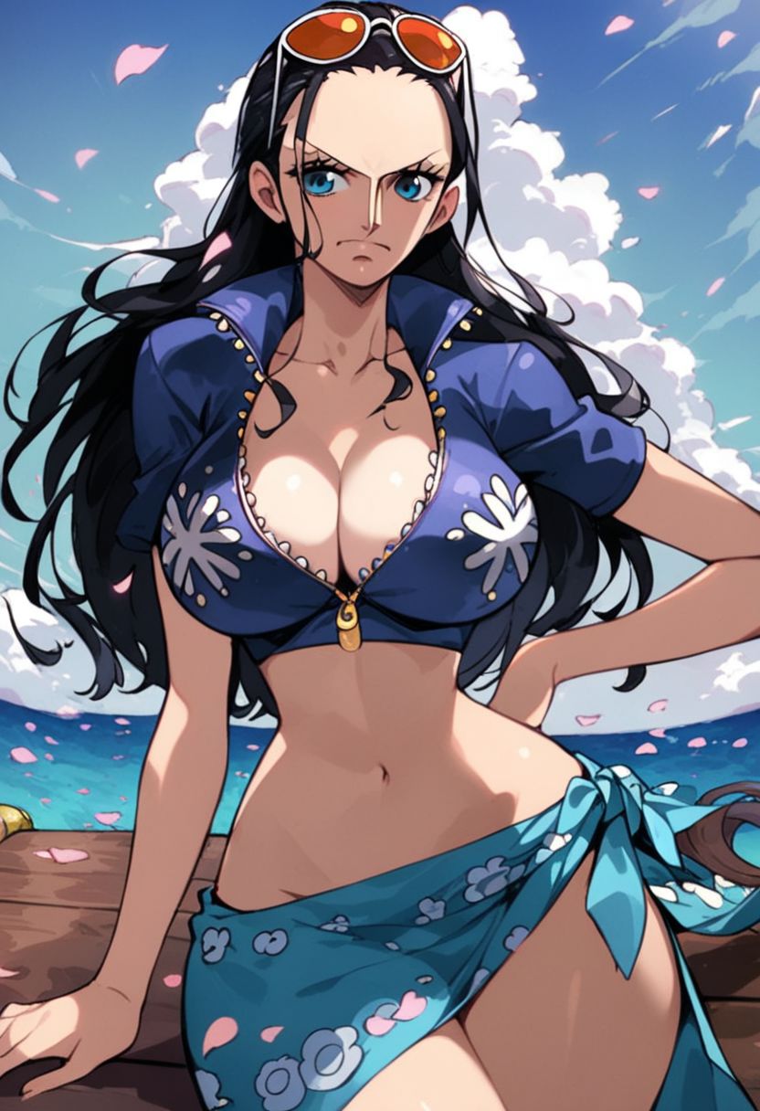 Robin, robin one piece, nico robin,  eyewear on head, nico robin, long hair, black hair, hair slicked back, eyewear on head, sunglasses, blue eyes, collarbone, cleavage, blue jacket, cropped jacket, partially unzipped, short sleeves, midriff, low waist sarong, print sarong, score_9, score_8, score_7, source_anime, one piece anatomy, sexy pose, big breasts, angry, haughty, on a pirate ship, sea, sky ,sakura petals, from upward, large hips, source_anime, AnidskXL