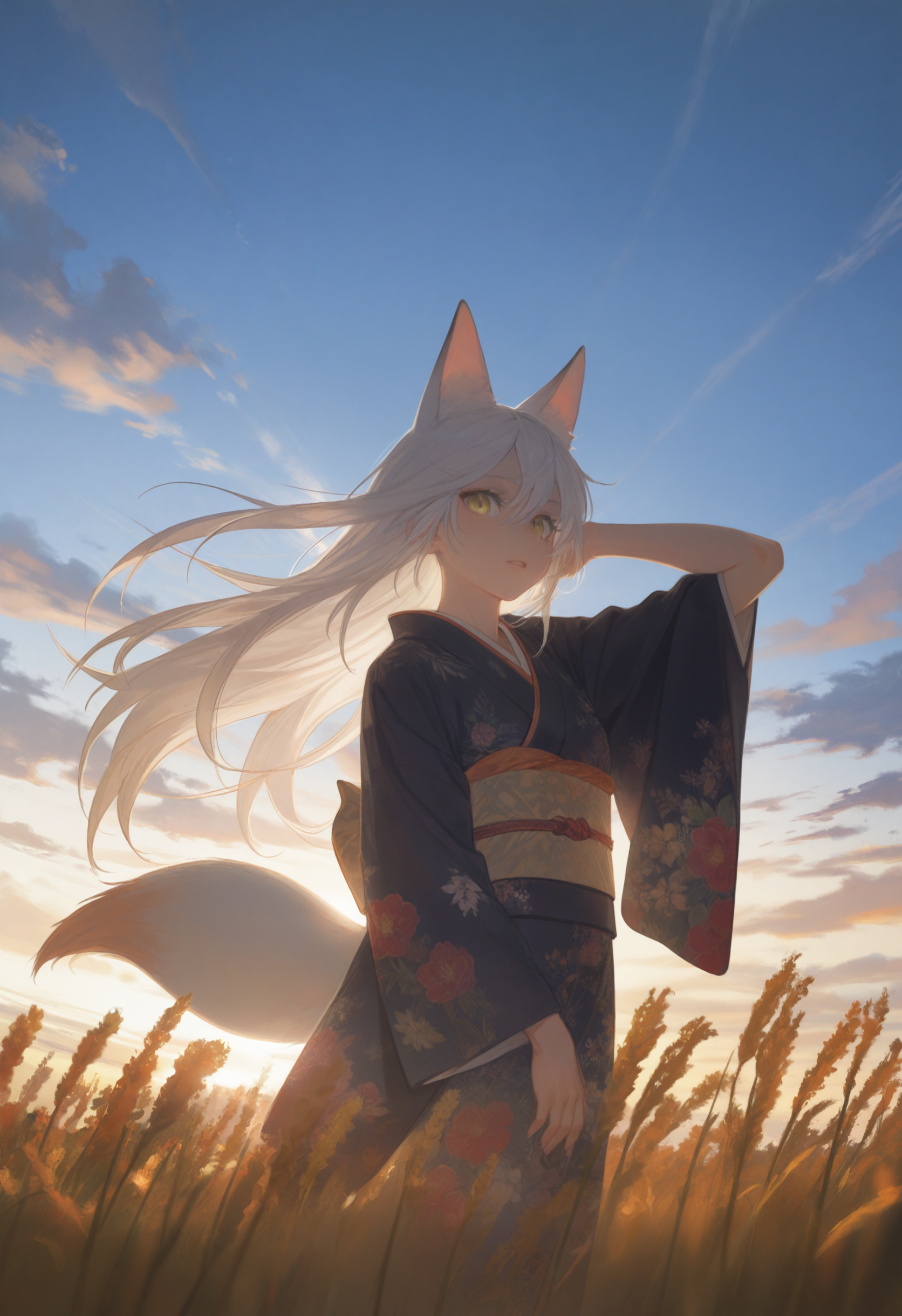 embedding:lazypos, 1girl, fox tail, sky, white hair, long hair, animal ears, masterpiece, yellow eyes, kitsune, parted lips, looking at viewer, kimono, floral print, outdoors, arms behind head, adjusting hair, cloud, volumetric lighting,wer field, artist:mafu