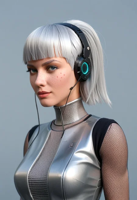 A 35mm photo of a beautiful robotic woman, she has a robotic human head, robot, freckles, silver hair, silver mesh bodysuit, robotic joints, robotic head