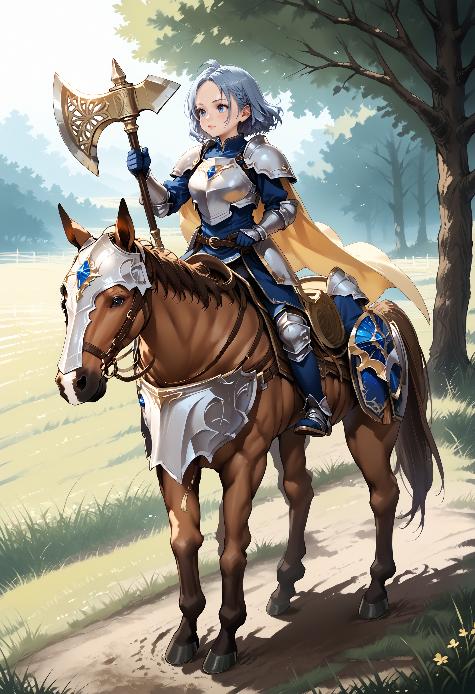 zPDXL3,extreme detailed,full_body BREAK nature,field,
<lora:Pony_DetailV2.0:1> BREAK 1girl,Cavalier,armor,cape,gloves,horse,horseback riding,(holding axe:1.3),<lora:cavaliar-v3-pony:0.9>,