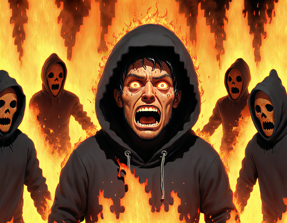 a man in Hell, surrounded by hooded figures and engulfed in flames, his face a mix of terror and disbelief, jagged and chaotic scenery <lora:Epic_ZZT_Ultra_XL:1.4>