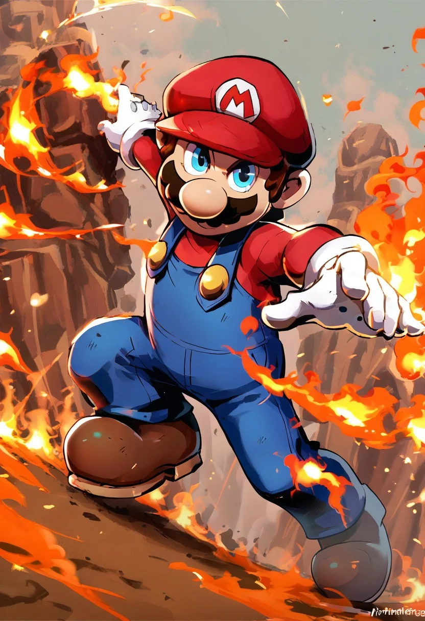 score_9, score_8_up, score_7_up,girl, 
ITMario,cartoon-style,red hat,red long-sleeved shirt, blue overalls, moustache, round nose, brown shoes, white gloves, yellow buttons, brown hair, blue eyes, battle pose, fire
,MarvelRivals, <lora:AMarvelRivals_style:1>, cartoon, aura, dutch angle,