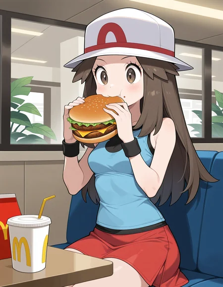 <lora:Hyper8:0.5> 1girl, solo,
leaf \(pokemon\), pokemon, brown hair, brown eyes, bare shoulders, blue tank top, blue sleeveles shirt, white hat, long hair, red skirt, black undershirt, 
holding hamburger, eating burger, mcdonald's, indoors, masterpiece, best quality, amazing quality, very aesthetic, absurdres