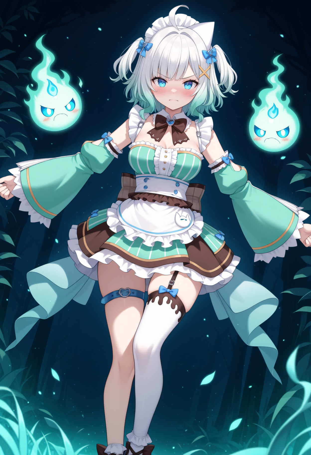 general, masterpiece, best quality, 1girl, solo, BREAK,
a secret mystical lagoon, with diverse marine life, calm waters, glowing flora, serene ambiance, (Legs parted arms stretched), wide angle view. in the afternoon, medium shot , angry, looking at viewer, blush, BREAK
<lora:Mint Fantome:1> blue eyes, gradient hair, white hair, green hair, ahoge, single animal ear, medium breasts,
frills, green dress, puffy long sleeves, wide sleeves, detached sleeves, maid apron, white apron, multicolored skirt, brown skirt, asymmetrical legwear, single thighhigh, white thighhighs, garter strap, thigh belt, blue belt, single sock, white socks, brown bow, blue bow,
short hair, two side up, x hair ornament, will-o'-the-wisp \(mythology\),