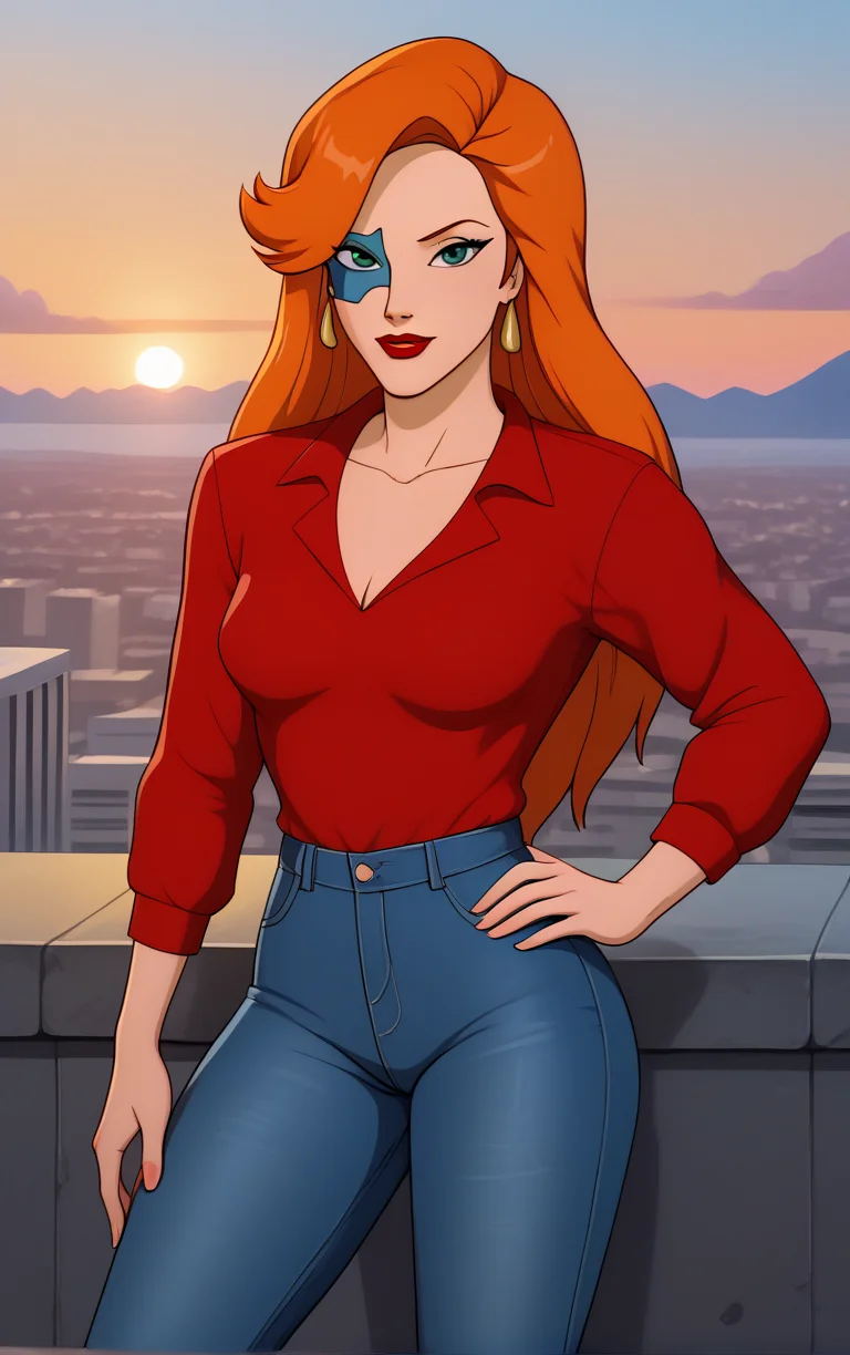 score_9, score_8_up, score_7_up, looking at viewer, BREAK
RedDress_FoxXanatos_ownwaifu,
1girl, eye mask, facial tattoo, green eyes, long hair, makeup, orange hair, lipstick, red lips, collarbone, breasts,
red shirt, denim, pants, long sleeves,
(contrapposto, hand on hip), sunset, sidelighting, cityscape, outdoors, <lora:PONYXL_Gargoyles_FoxXanatos_ownwaifu:1> , depth of field, solo,