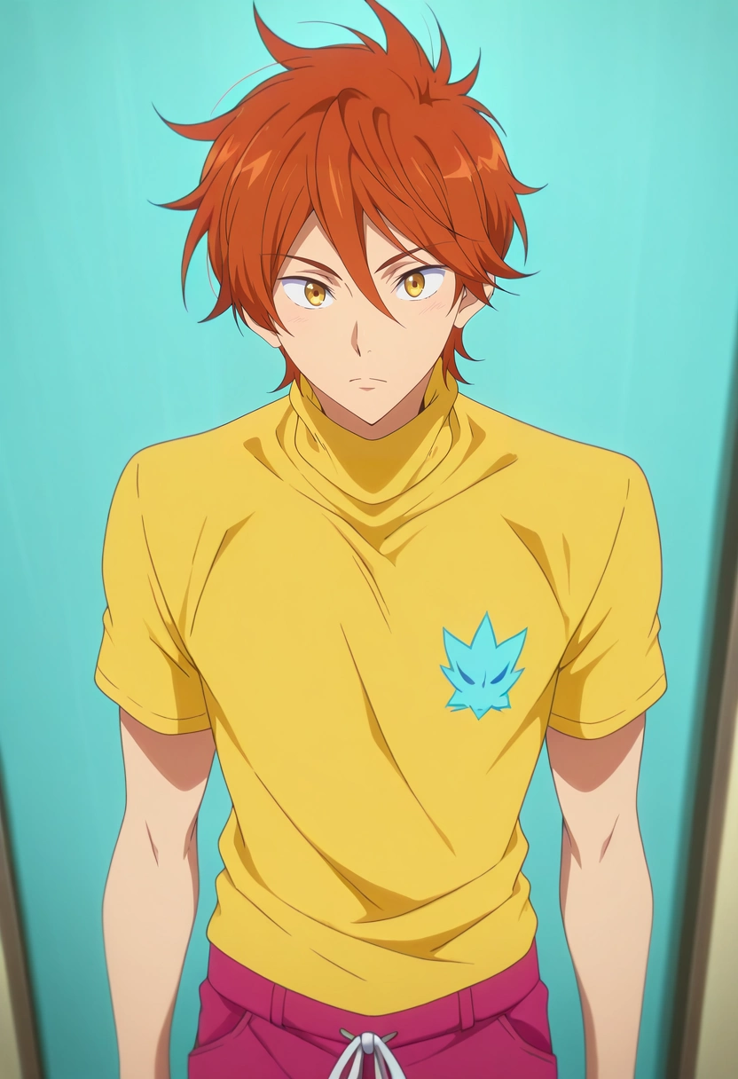 masterpiece, best quality, intricate details, anime screencap, , official style, looking at viewer, 1boy, solo, male focus, <lora:momotarou_mikoshiba_ilxl:0.98>, momotarou_mikoshiba, orange hair, yellow eyes, , Amber Seersucker shorts, Turtleneck T-shirt, Chelseas, , and