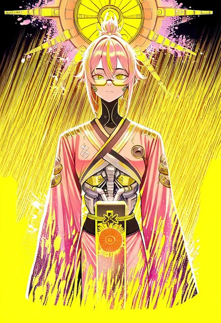 , score_9, score_8_up, score_7_up, 1girl, solo,  painting of a cyberpunk woman wearing a futuristic kimono in front of stylized sun, cybernetic implants, paint splashes, outrun, teal and yellow background