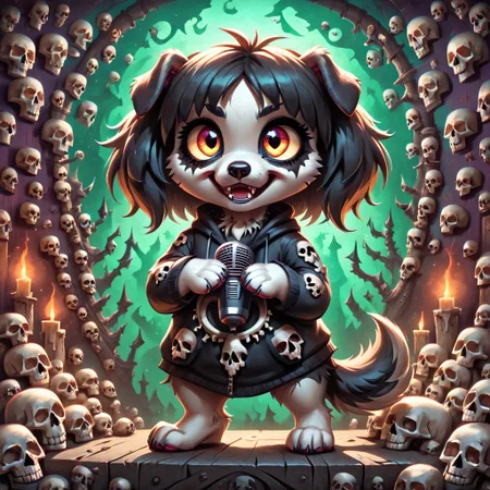 dog girl dressed in an elaborate collection of skulls covering her in a majestic way holding microphone, music studio, painting of cute skulls, pg safe