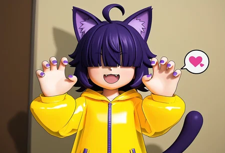 score_9, source_anime, 3D, solo, Yoko Momoko, 1 catgirl, shortstack, plump, fair skin, short purple hair, hair covering eyes, purple ahoge, purple  hair bangs, purple cat ears, purple cat tail, fang sharp_nails, purple nails, orange raincoat, hood down, baggy clothing, black chocker, smile, open mouth, spoken hearts, sbsp-joins-the-battle, claw pose, looking at viewer