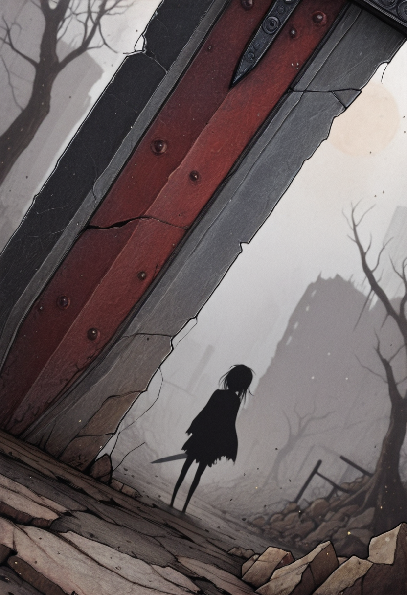<lora:Dysfunction:1.2> dysfuntwin, best quality, masterpiece,
close-up shot, dutch angle, perspective,
single grounded rusty greatsword, 
broken terrain, particles, vfx,