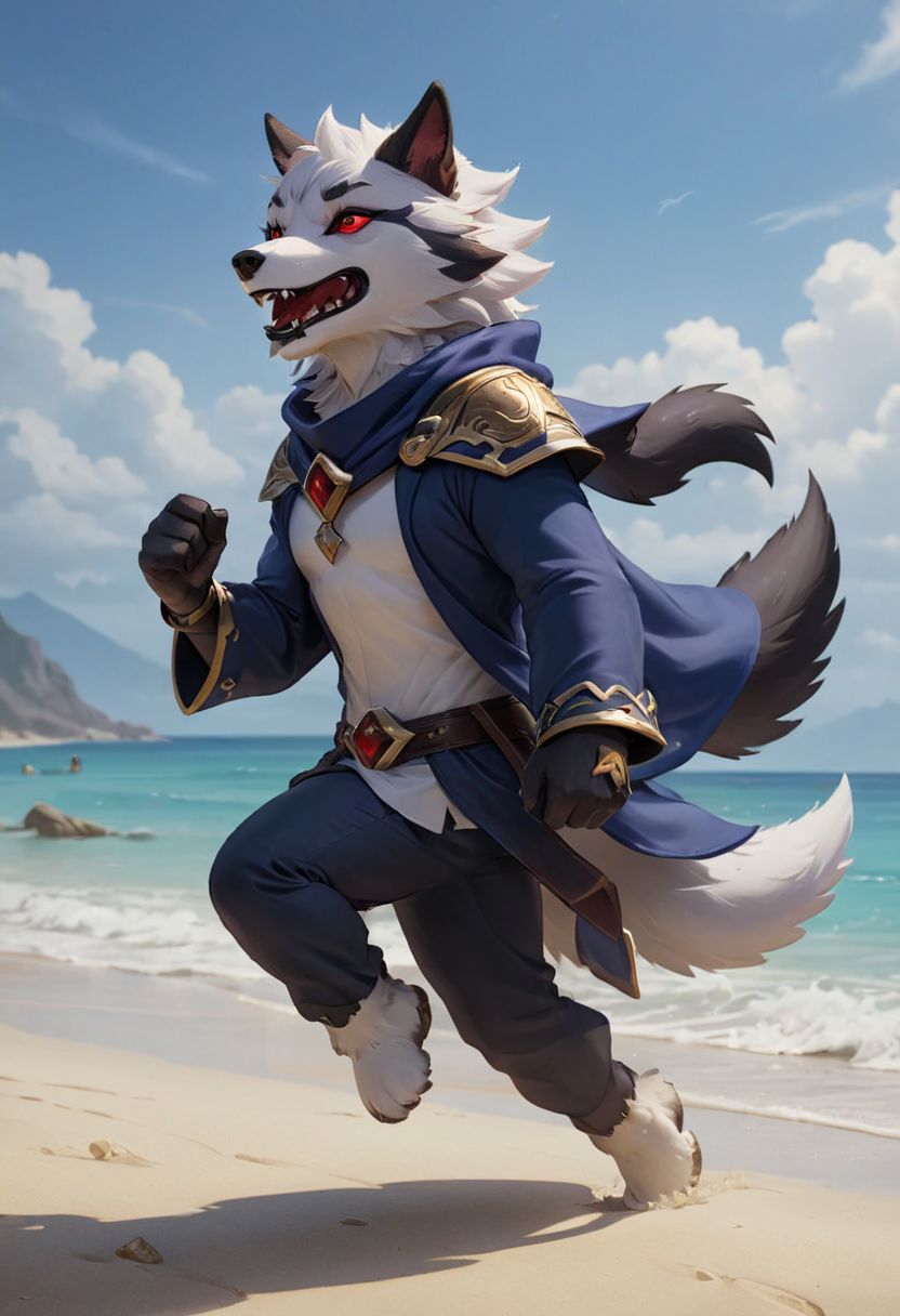 furry wolf, gray wolf, chibi, with red eyes,  beach,
pants or shorts, furry body
full-length frontal view, flight phase during running, legs above the ground, wind blowing the cloak, fast running,
Hyperrealistic art high-quality portrait flat matte drawing of a cute Nendoroid and cartoon style, anime flat style, thick drawing, medium close-up", (solo:1.2), photorealistic:1.5, 8k, texture skin, realistic skin, detailed skin, highest detailed, extreme detailed, 8k wallpaper, colorful, (dark magic), ring with the stone, (intricate details), (hyperdetailed), 8k hdr, high detailed, lot of details, high quality, soft cinematic light, atmospheric perspective (focus on), color Ink wash painting, Extremely high-resolution details, photographic, realism pushed to extreme, fine texture, incredibly lifelike, two people, two children