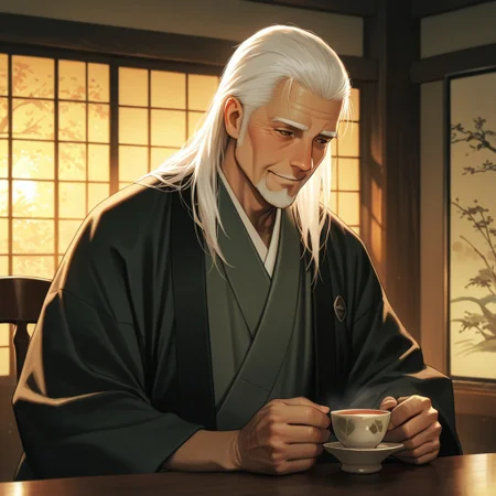 masterpiece, best quality, amazing quality, absurdres, newest, detailed background, definition so sharp, Ultra-HD, 8K cinematic, very awa, impressionate, amazing quality, highres, 
solo, male focus, manly, 
daikakukokujouji, lieutenant_white hair, lieutenant_brown eyes, 1boy, solo, old man, seated, gentle smile, long hair, traditional Japanese attire, kimono, tea cup, warm lighting, shoji screen, cozy atmosphere, storytelling, relaxed, wise, serene, contented, elegant
