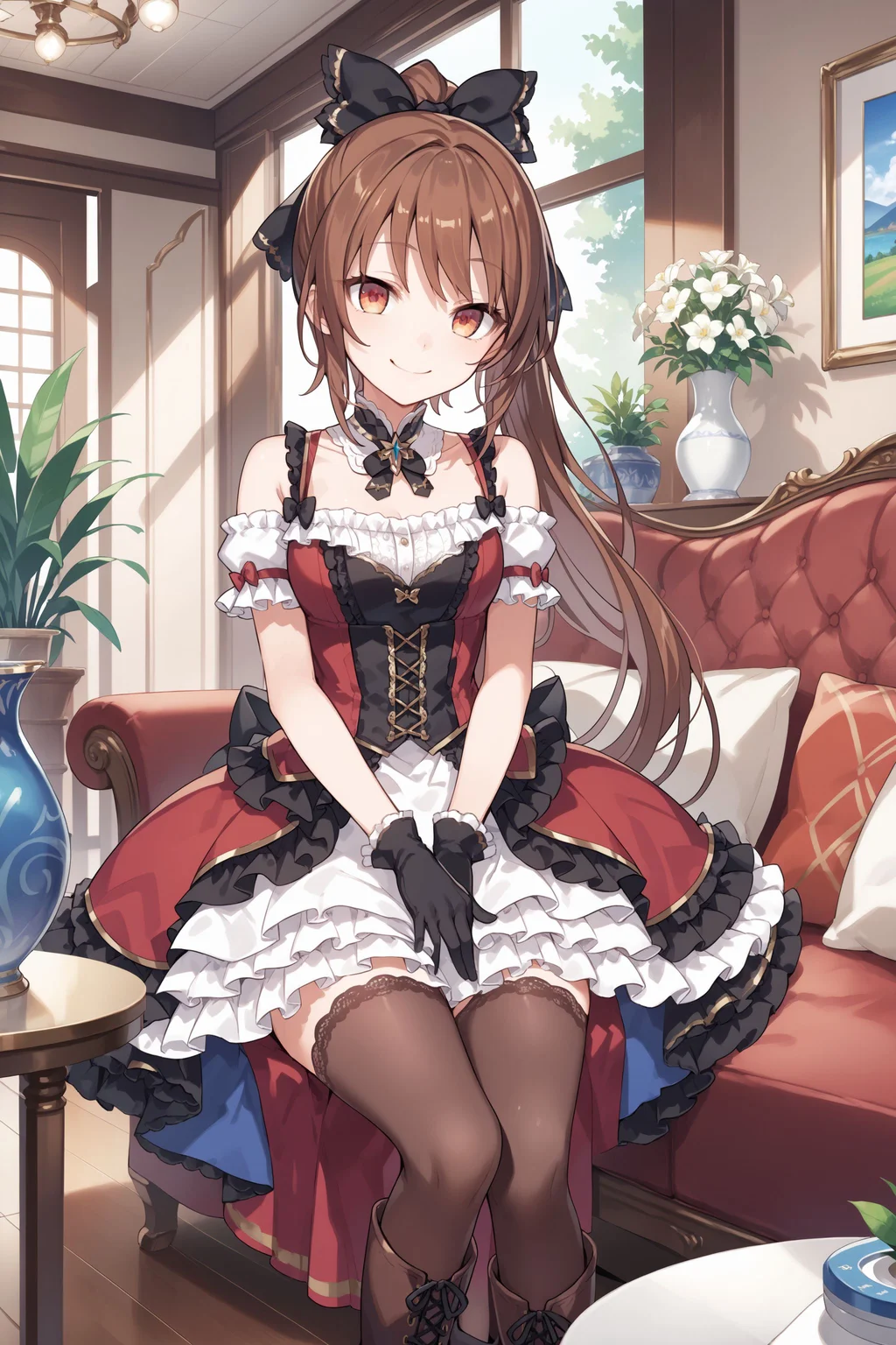 score_max, (score_9, score_8_up, score_7_up:1.2), score_6_up, official art,
masterpiece, absurdres, high detail, 8k,
indoors, western house, guest room, couch, table, vase,
sitting, hands on own thighs, smile,
ranun, brown hair, ponytail, hair bow, black bow, detached collar, collarbone, red dress, white shirt, detached sleeves, short sleeves, frills, black gloves, frilled skirt, brown thighhighs, lace-up boots,
<lora:XL_Pony_gomaotsu-ranun-t1:0.9>