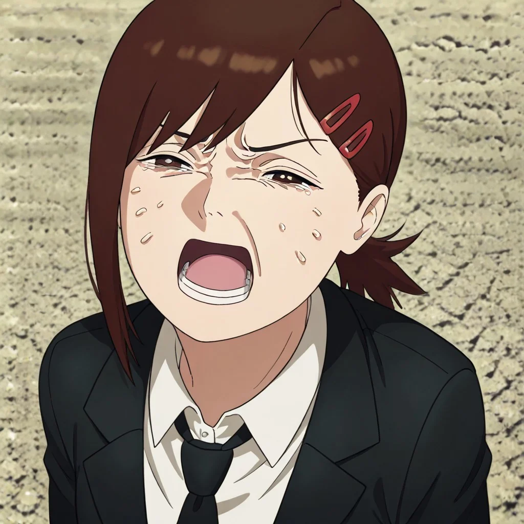 masterpiece, best quality, newest, absurdres, highres, anime, anime style,
BCV1.0, crying, cry, crying with yes open, open mouth, parody, meme, 1girl, higashiyama kobeni \(chainsaw_man\), brown hair, collared shirt, black necktie, black jacket,