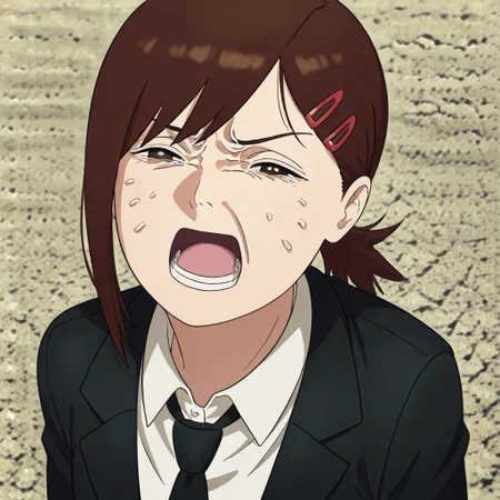 masterpiece, best quality, newest, absurdres, highres, anime, anime style,
BCV1.0, crying, cry, crying with yes open, open mouth, parody, meme, 1girl, higashiyama kobeni \(chainsaw_man\), brown hair, collared shirt, black necktie, black jacket,