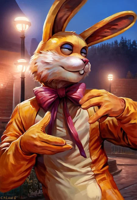 score_9, score_8_up, score_7_up, (luckytherabbit), source_furry, close-up, dynamic pose, solo, (yellow fur, rabbit costume), (masterpiece, best quality:1.2), (perfect hands, perfect anatomy), (detailed face, detailed body), detailed background, purple bow, black eyes, beautiful eyes, male, correct eyes, solo, attraction, park, night, concept art, realistic