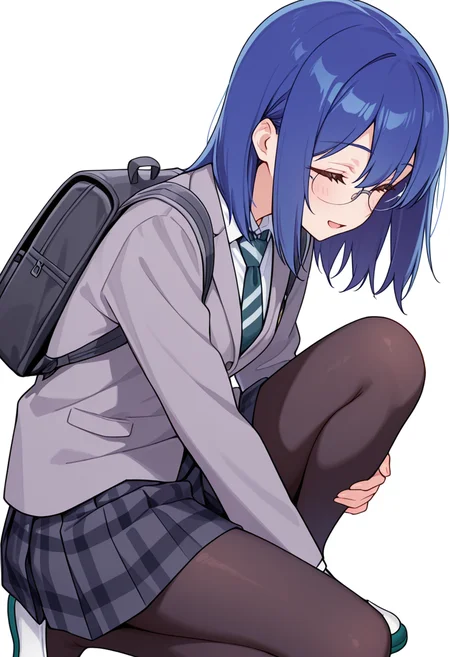 masterpiece,high quality details,absurdres, 
<lora:Mamiya_Kanoko:0.8> 
kanoko_cnr, 1girl, blue hair,medium hair,hair between eyes,
kanoko_s2,collared shirt, grey jacket, striped necktie,plaid skirt, pleated skirt,black pantyhose,glasses, backpack, uwabaki,, simple background, white background, from side,solo,, \(^o^)/,