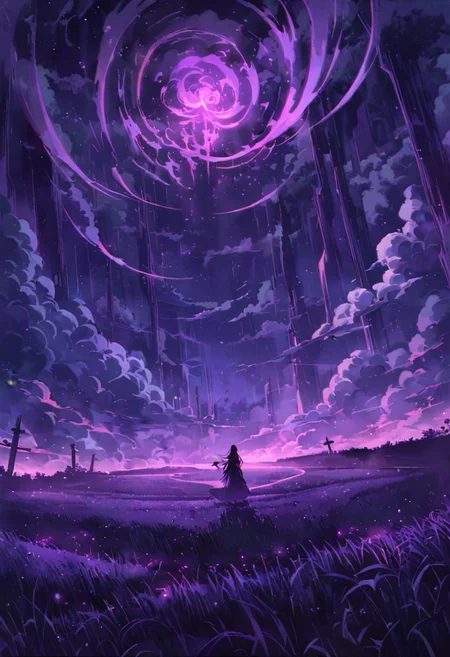 Very wide angle shot, big landscape, serene night, beautiful sky, Complex landscape, grassland, ocean, swirling mists ,ghostly apparitions. Glowing will-o'-the-wisps , where a hooded figure stands guard. Color temperature: Moody purples and deep blacks. Lighting: Flickering torches casting long shadows. Atmosphere: goth horror. --v 5 --stylize 1000