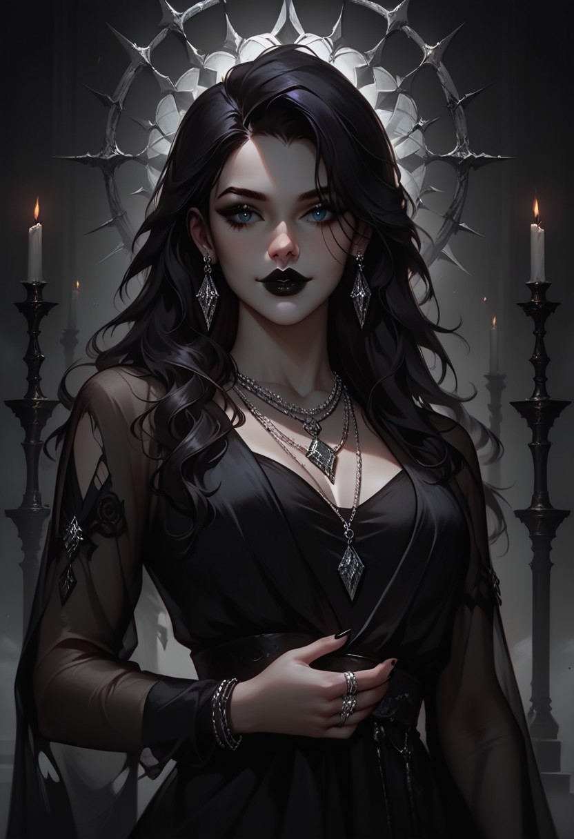 score_9, score_8_up, highly detailed, score_7_up, easynegative, concept art, realistic, dark theme, perfect quality, highly detailed, low light, face focus, anatomically perfect, bhands,
cowboy shot, gothic fantasy style, wide gothic grey marble staircase, outdoor scene,
1girl, 30 years old woman, tall regal figure, slender body, angelic beauty, pale skin, barefoot, slightly torn elegant long black robes, holes in robe, dark black messy hair, waist length hair, sharp nose, diamond nose stud, dark eyes, almond shaped eyes, black nail polish, standing at top of the staircase, black lipstick, soft smile, silver ring with ruby stone, silver diamond earrings, silver necklace with ruby medallion, looking at viewer, holding purple magical runes in each hand