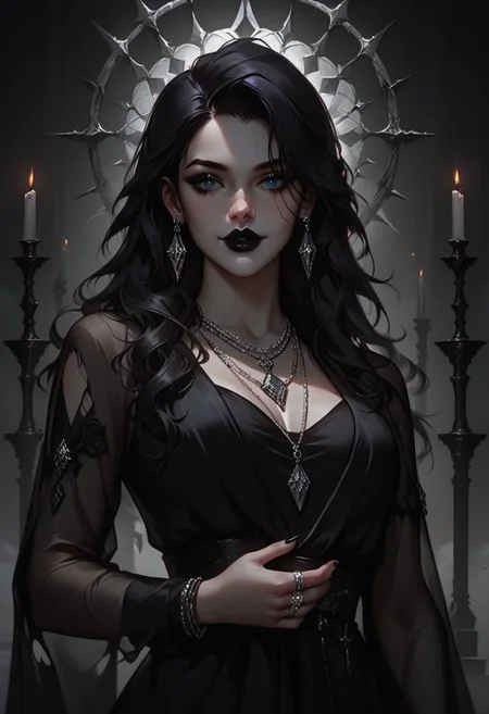 score_9, score_8_up, highly detailed, score_7_up, easynegative, concept art, realistic, dark theme, perfect quality, highly detailed, low light, face focus, anatomically perfect, bhands,
cowboy shot, gothic fantasy style, wide gothic grey marble staircase, outdoor scene,
1girl, 30 years old woman, tall regal figure, slender body, angelic beauty, pale skin, barefoot, slightly torn elegant long black robes, holes in robe, dark black messy hair, waist length hair, sharp nose, diamond nose stud, dark eyes, almond shaped eyes, black nail polish, standing at top of the staircase, black lipstick, soft smile, silver ring with ruby stone, silver diamond earrings, silver necklace with ruby medallion, looking at viewer, holding purple magical runes in each hand