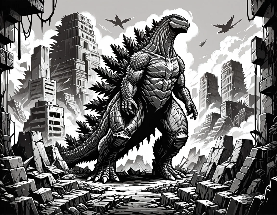score_9, score_8_up, score_7_up, <lora:Clean Sketch (J) style:1> monochrome, full body, godzilla, in city ruins,
