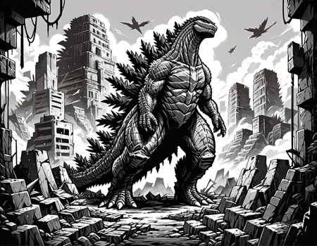 score_9, score_8_up, score_7_up, <lora:Clean Sketch (J) style:1> monochrome, full body, godzilla, in city ruins,