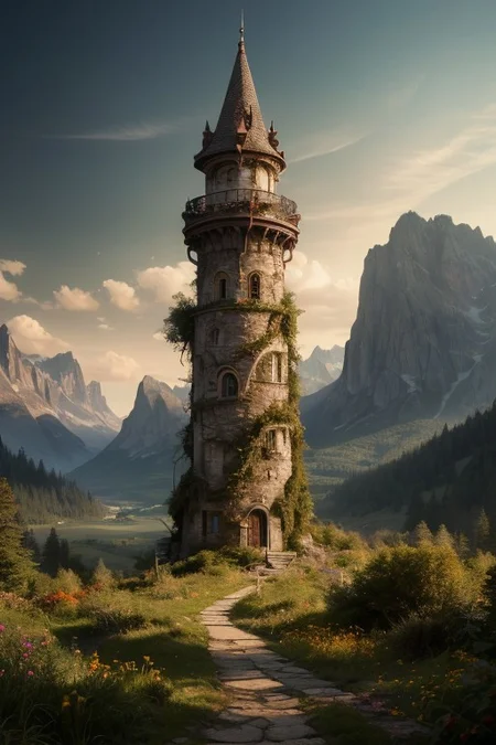 realistic analog photo, award winning photo, vary wide shot of magic stone witow tower:1.3, (Military watchtower), scenery,  fantasy, Mountain top, path, nature, outdoors, RAW, highres, 8k, uhd, High Dynamic Range, tonemapping, crisp details,