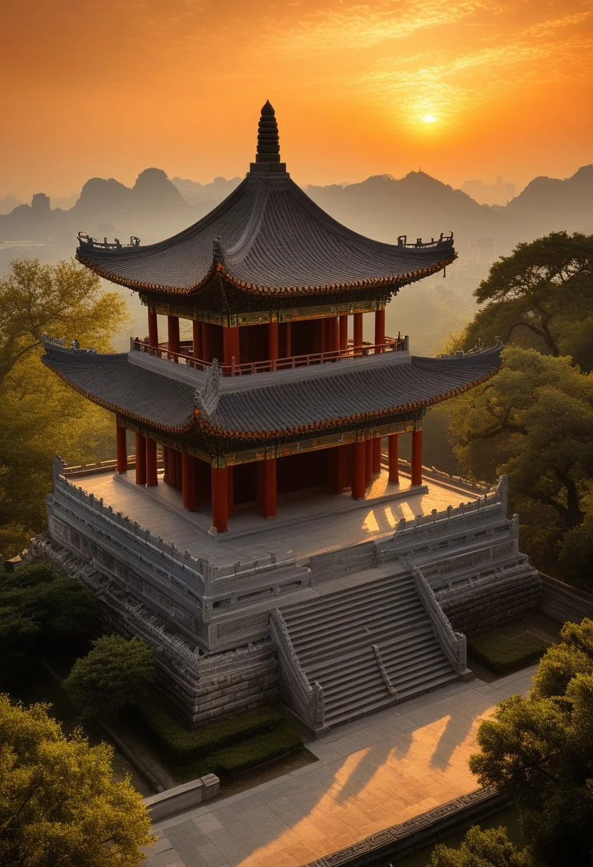 Altar and Temple Architecture: An illustrative depiction of a traditional Chinese altar or temple,a testament to China's deep-rooted cultural heritage,under the serene backdrop of a setting sun.,
The image presents a well-preserved altar or temple,a symbol of ancient Chinese architecture,standing in its full glory against the warm,golden light of the sunset. The structure,with its sweeping roof,intricate carvings,and balanced proportions,is bathed in the soft glow of the declining day,highlighting the temple's historical and spiritual significance.,
The temple's silhouette is accentuated by the sunset,creating a striking contrast between the ancient stonework and the vibrant sky. The scene evokes a sense of reverence and tranquility,encapsulating the essence of China's architectural and cultural legacy.,
This portrayal captures the timeless beauty of altar and temple architecture in China,with the sunset serving as a metaphor for the enduring spirit of Chinese tradition and the passage of time. The image conveys a deep appreciation for the artistry and craftsmanship of ancient Chinese builders,and the enduring relevance of these sacred structures in contemporary society.,