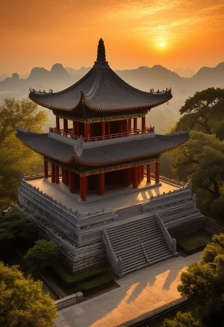 Altar and Temple Architecture: An illustrative depiction of a traditional Chinese altar or temple,a testament to China's deep-rooted cultural heritage,under the serene backdrop of a setting sun.,
The image presents a well-preserved altar or temple,a symbol of ancient Chinese architecture,standing in its full glory against the warm,golden light of the sunset. The structure,with its sweeping roof,intricate carvings,and balanced proportions,is bathed in the soft glow of the declining day,highlighting the temple's historical and spiritual significance.,
The temple's silhouette is accentuated by the sunset,creating a striking contrast between the ancient stonework and the vibrant sky. The scene evokes a sense of reverence and tranquility,encapsulating the essence of China's architectural and cultural legacy.,
This portrayal captures the timeless beauty of altar and temple architecture in China,with the sunset serving as a metaphor for the enduring spirit of Chinese tradition and the passage of time. The image conveys a deep appreciation for the artistry and craftsmanship of ancient Chinese builders,and the enduring relevance of these sacred structures in contemporary society.,