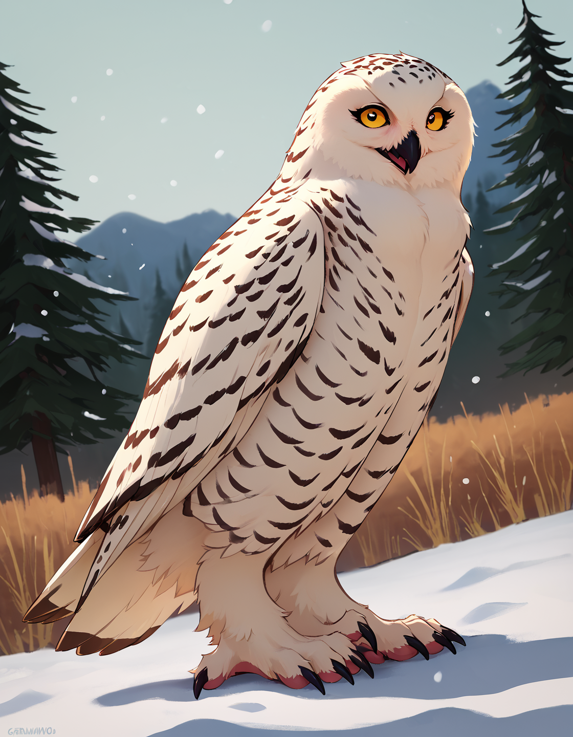 solo, (zPDXL3), source_cartoon, BREAK snow, trees, pose, dutch angle, <lora:Snowy_Owls:0.8>, sn0wy 0wl, anthro snowy owl, white feathers, big yellow eyes, BREAK huge round pupils, white body, female, furry,  curvy, realistic, subsurface scattering, cast shadow, score_9, score_8_up, score_7_up, score_6_up, score_5_up, score_4_up, <lora:PDXL_artist_tags_v2_big:0.8>, by greasymojo, by bypbap, <lora:StS_detail_slider_v1:1.3>