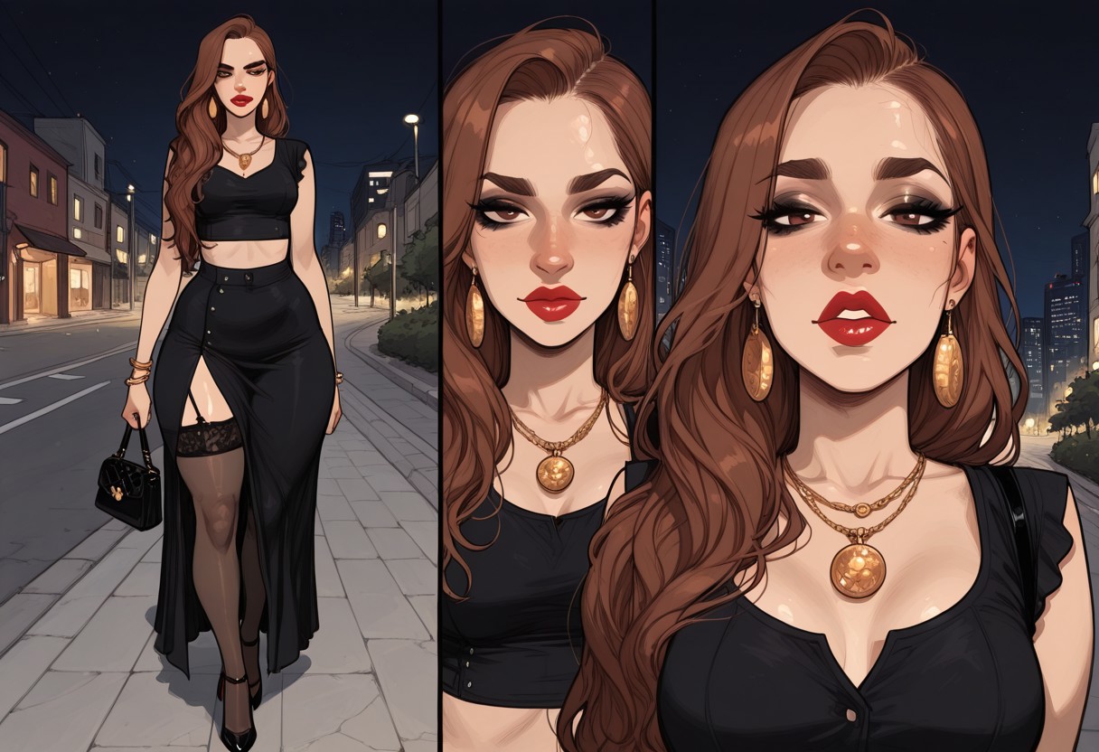 score_9_up, score_8_up, score_7_up, masterpiece, best quality, incoth, (incase:0.6), very aesthetic, (dynamic:1).
1girl, solo,, detailed face, larkaf ,1woman, sensual, milf, 30 years old, arab nose, wide nose, hazel brown eyes, long fake eyelashes, small breasts, wide hips,  big ass, very long brown hair, Voluminous hair, thick thighs. 
dramatic.
seductive look, confident, eyes open
night makeup, red lips,
big golden round earrings, bracelets, necklace, black purse with gold ornaments,  small black tight crop top, loose black high waisted long cloth skirt,  thigh high stockings, Black high heels with red soles
walking alone on the sidewalk, walking away from the viewer
outdoors, night lights, city night on background, (close up, bust shot,)