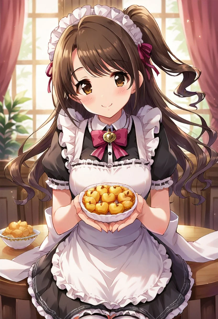 score_9, score_8_up, score_7_up, source_anime,shimamura uzuki, long hair, brown hair, brown eyes, 1girl, maid, maid headdress, apron, one side up, smile, thighhighs, maid apron, food, blush