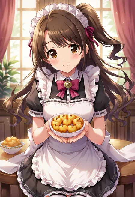 score_9, score_8_up, score_7_up, source_anime,shimamura uzuki, long hair, brown hair, brown eyes, 1girl, maid, maid headdress, apron, one side up, smile, thighhighs, maid apron, food, blush
