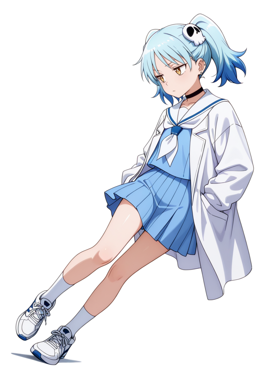 masterpiece,high quality details, absurdres,
 <lora:Izutsumi_Marín:0.8>
izutsumi_cnr, 1girl, blue hair,yellow eyes, multicolored hair,  skull hair ornament, twintails, black choker,ear piercing,
white sailor collar, blue serafuku, blue shirt,blue skirt,labcoat, white socks, sneakers,, simple background, white background, sideways,solo,, aroused,disdain,, | |,, ultra realistic, high detailed skin,