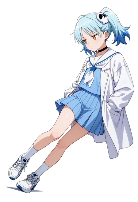 masterpiece,high quality details, absurdres,
<lora:Izutsumi_Marín:0.8>
izutsumi_cnr, 1girl, blue hair,yellow eyes, multicolored hair, skull hair ornament, twintails, black choker,ear piercing,
white sailor collar, blue serafuku, blue shirt,blue skirt,labcoat, white socks, sneakers,, simple background, white background, sideways,solo,, aroused,disdain,, | |,, ultra realistic, high detailed skin,