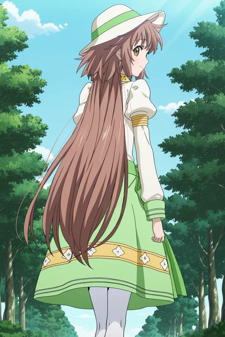 anime screencap, anime coloring, detailed face, masterpiece, best quality, very aesthetic, absurdres, volumetric lighting, official style, amazing quality, ultra detailed, highres, amazing quality, scenery, beautiful detailed hair, beautiful detailed eyes,
<lora:StS-Illustrious-Detail-Slider-v1.0:4>
<lora:Kobato_Hanato_Kobato.:1>
outdoors, trees, sky, day,
Kobato Hanato (character), 1girl, solo, long hair, hat, from behind, dress, pantyhose, green skirt, brown hair, walking, looking back, cute smile, cowboy shot,