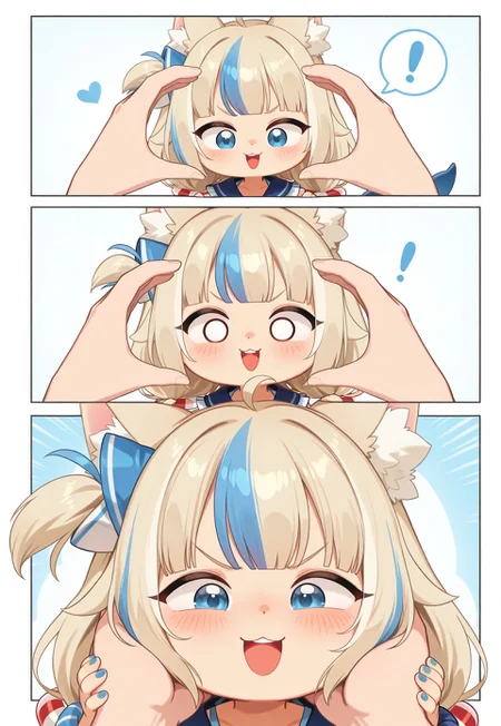 masterpiece, best quality, (magowasabi, khyle.:0.6),

snootchallenge, 3koma, chibi, comic, 1girl, 1other, blush, :3, :d, smile, open mouth, v-shaped eyebrows, looking at viewer, heart, upper teeth only, teeth, spoken exclamation mark, !, o o, pov, pov hands, heart hands, hands on another's face, hands on another's cheeks, out of frame, simple background,

1girl, blue eyes, blonde hair, blue hair, very long hair, streaked hair, ahoge, blunt bangs, low twintails, one side up, hair ornament, blush, cat ears, animal ear fluff, sailor dress, white dress, blue sailor collar, badge, single wrist scrunchie, blue nails, fish tail, looking at viewer, 