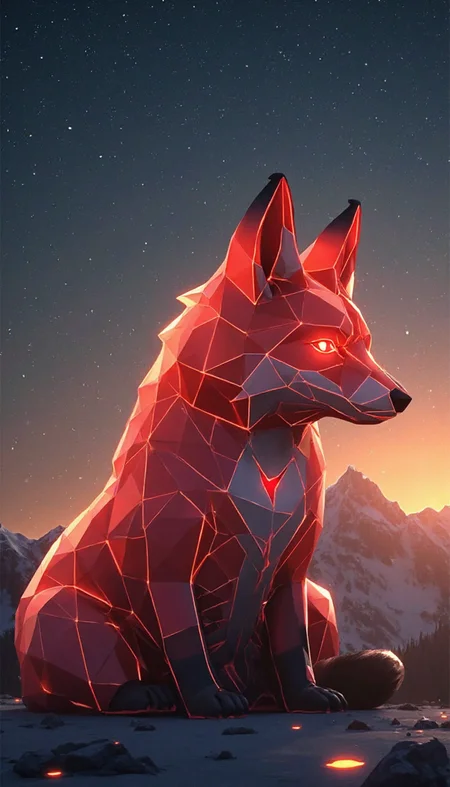 A stylized, profile view of a red fox. The fox is rendered in a geometric, polygonal style, resembling a 3D model or a digital painting. The polygons are incandescent, emitting a warm, orange-red light. The background is a starry night sky, with a gradient of dark blues and muted oranges/yellows. The overall impression is a combination of digital art and photorealism, with a blend of glowing textures. The setting is a night sky, possibly outer space or an abstract representation of a landscape. Use a combination of smooth and sharp lines with glowing outlines. Incorporate a slightly hazy or dreamy aesthetic. Focus on the form and texture rather than photorealistic detail.