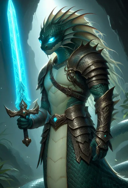 Naga, hkstyle, holding a Glowing Rune Sword, glowing rune armor,