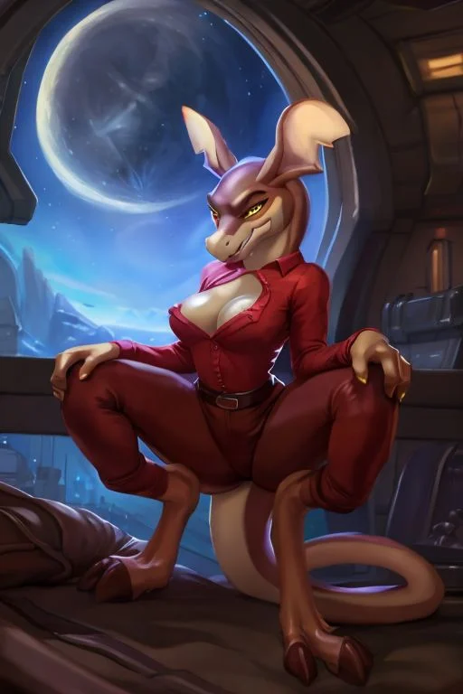 solo,
female,
Stith_Titan_AE,
alien,
mantrin,
long legs,
toe,
toe claws,
beak,
long sleeve shirt,
unusual_anatomy,
red shirt,
yellow eyes,
pants,
brown pants,
double_knee,
tits,
spaceship,
moon,
uploaded on e621,
(detailed background, depth of field),
(intricate:1.1),
(high detail:1.2),
(soft focus),
(masterpiece, best quality, 4k, 2k, shaded, absurd res),
hyper realism,
by Chunie,
by CyanCapsule,
by Hallogreen
